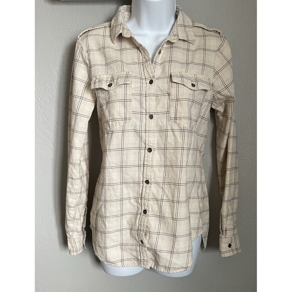 Billabong Womens M Ivory‎ Plaid Long Sleeve Button Up Shirt Lightweight Flannel